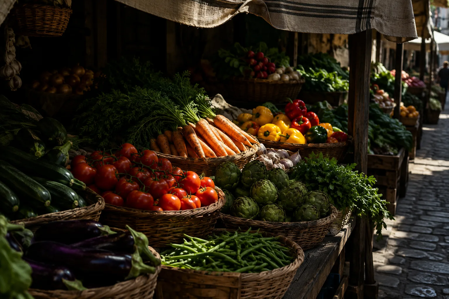 Des légumes et des paniers sur un étal, entre ombre profonde et rayon de soleil.