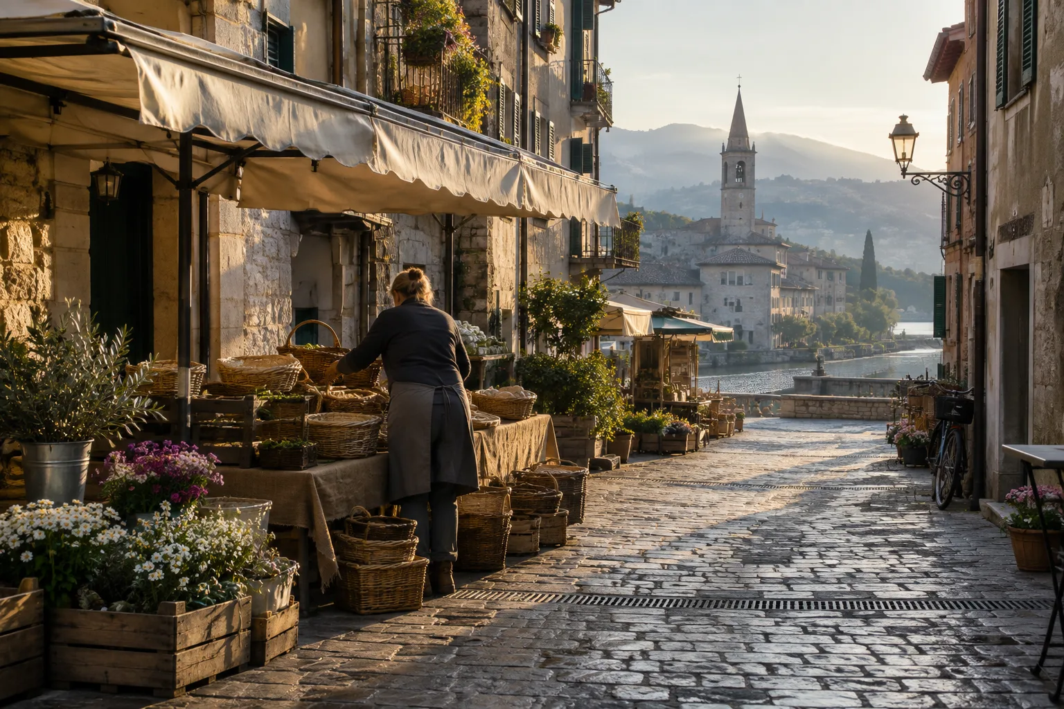 Une rue de ville au petit matin, où une personne installe des paniers devant une boutique.