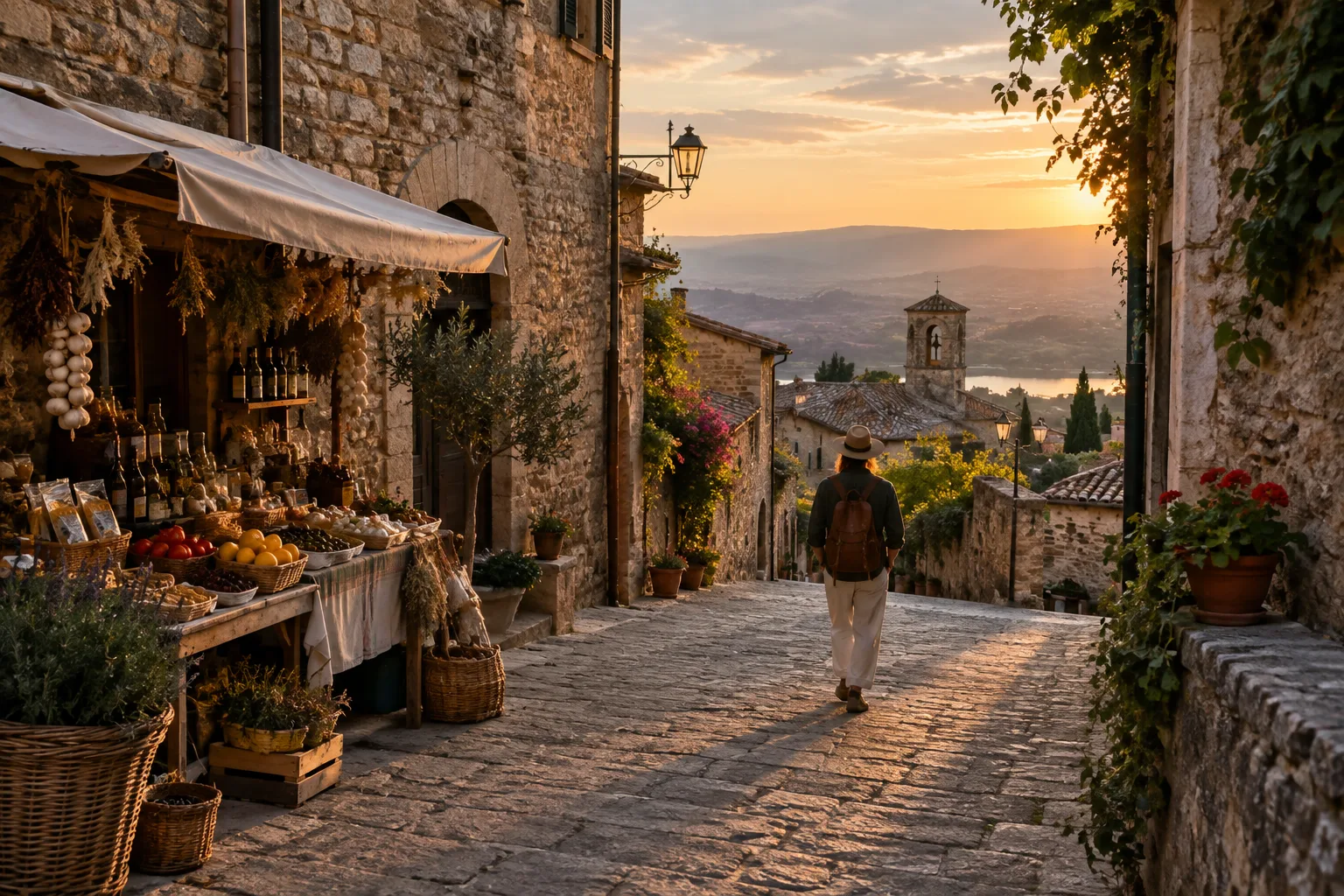 Une rue ancienne baignée de lumière, avec un étal de marché et une personne photographiée de dos.
