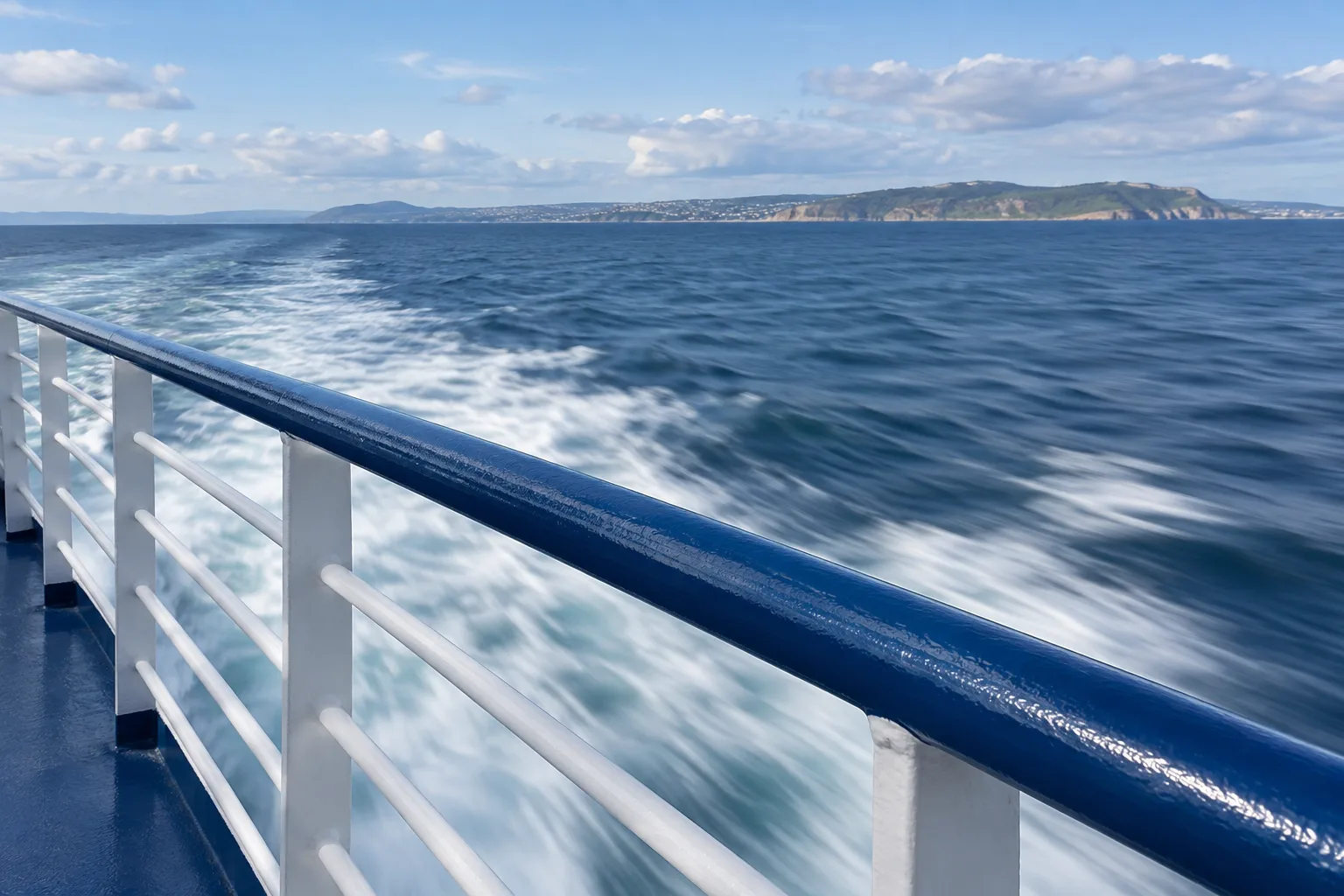 Une rambarde nette au premier plan contraste avec l’eau étirée par le mouvement du ferry.