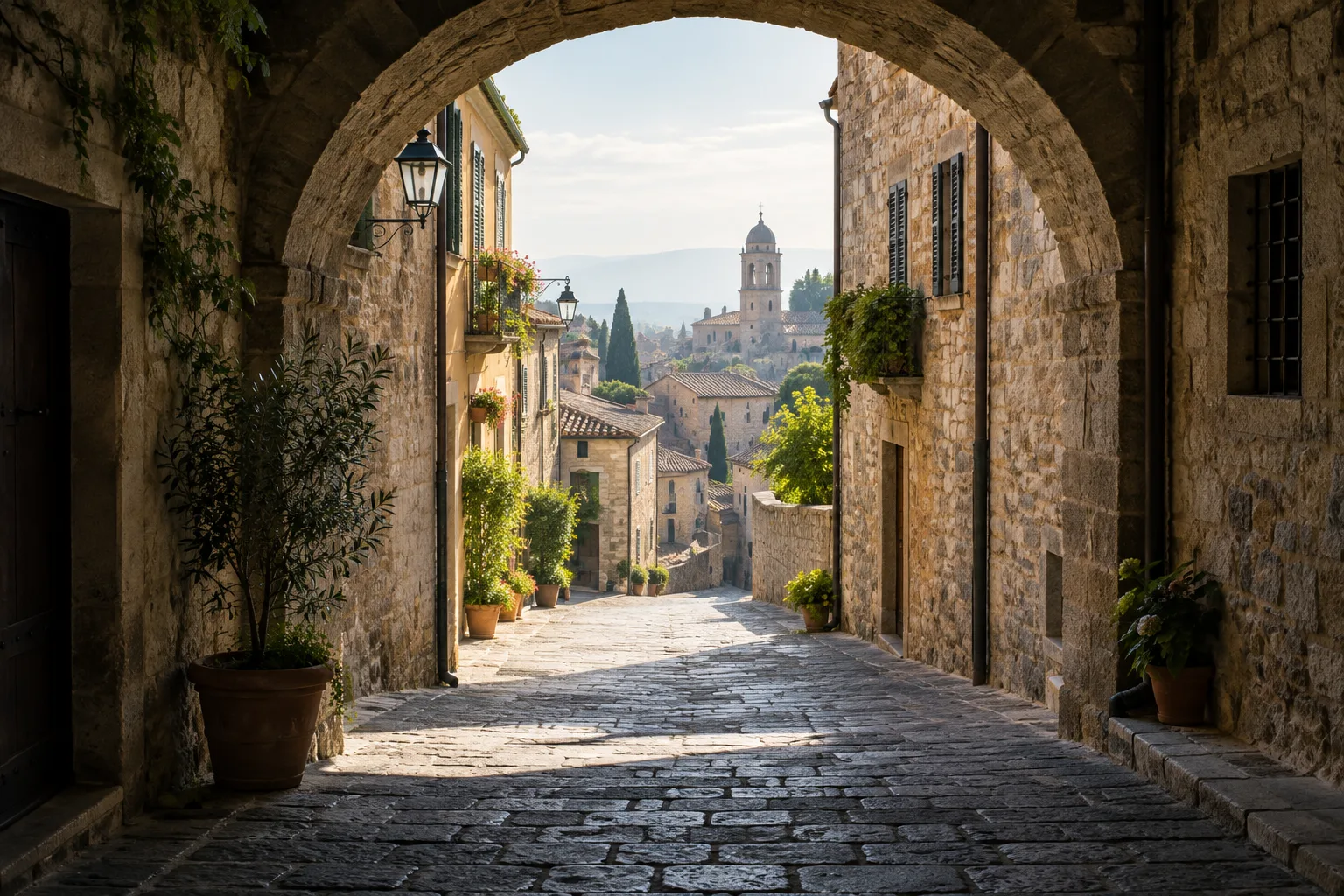 Une arcade ombragée ouvre sur une ruelle de ville baignée de lumière.