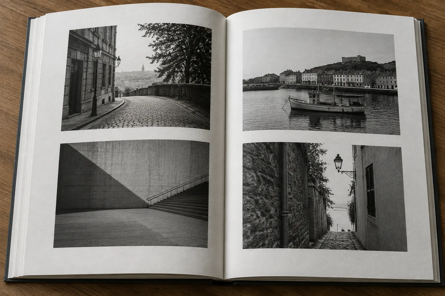 Deux pages d’un livre photo montrent une suite d’images de rue en noir et blanc.