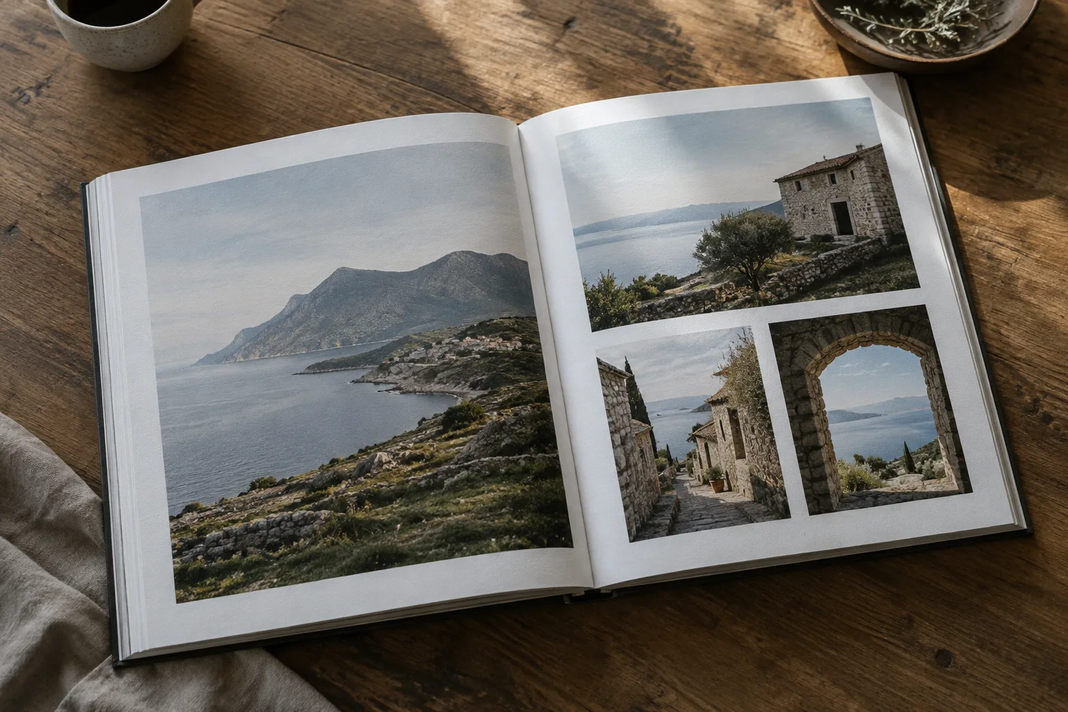 Un livre photo ouvert présente plusieurs images disposées en séquence sur ses pages.