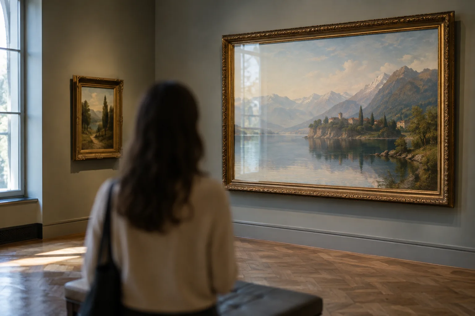 Une salle de musée aux murs couverts de tableaux, avec un visiteur de dos qui observe les œuvres.