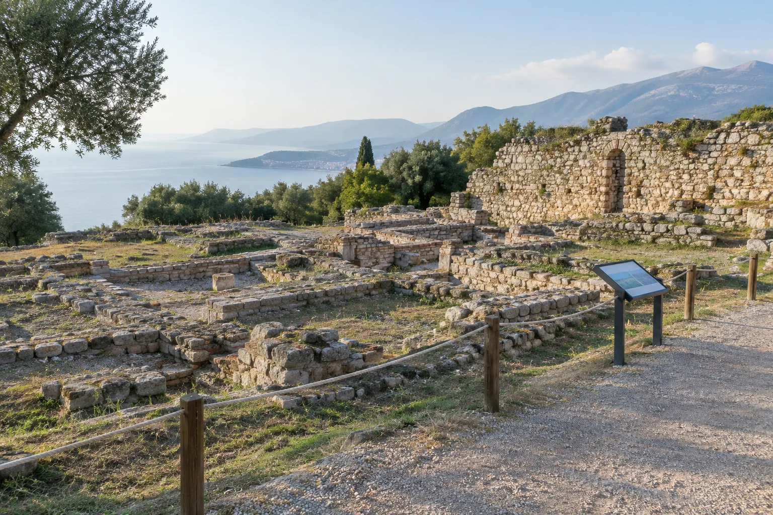 Des fondations de pierre et un mur ancien apparaissent dans un paysage ouvert, vus depuis un chemin de visite.