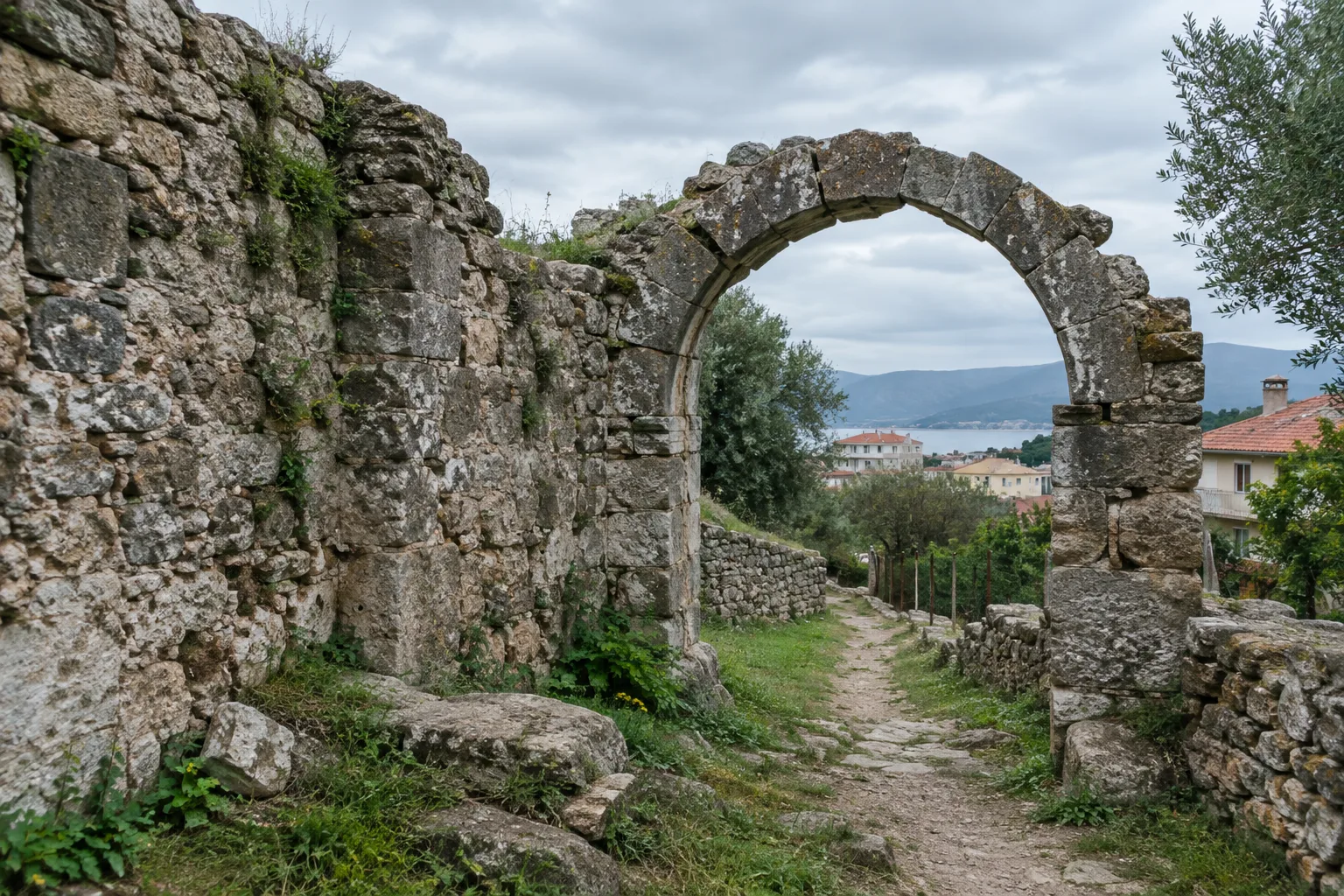 Une arche de pierre en ruine s’ouvre sur un chemin et des bâtiments contemporains au loin.