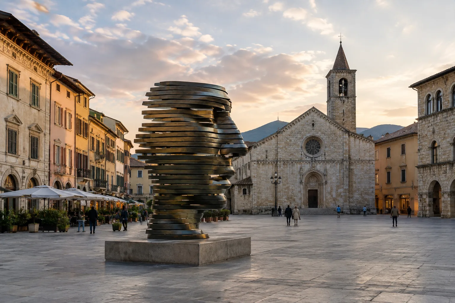Une sculpture contemporaine sur une place, entourée de façades et de passants éloignés.