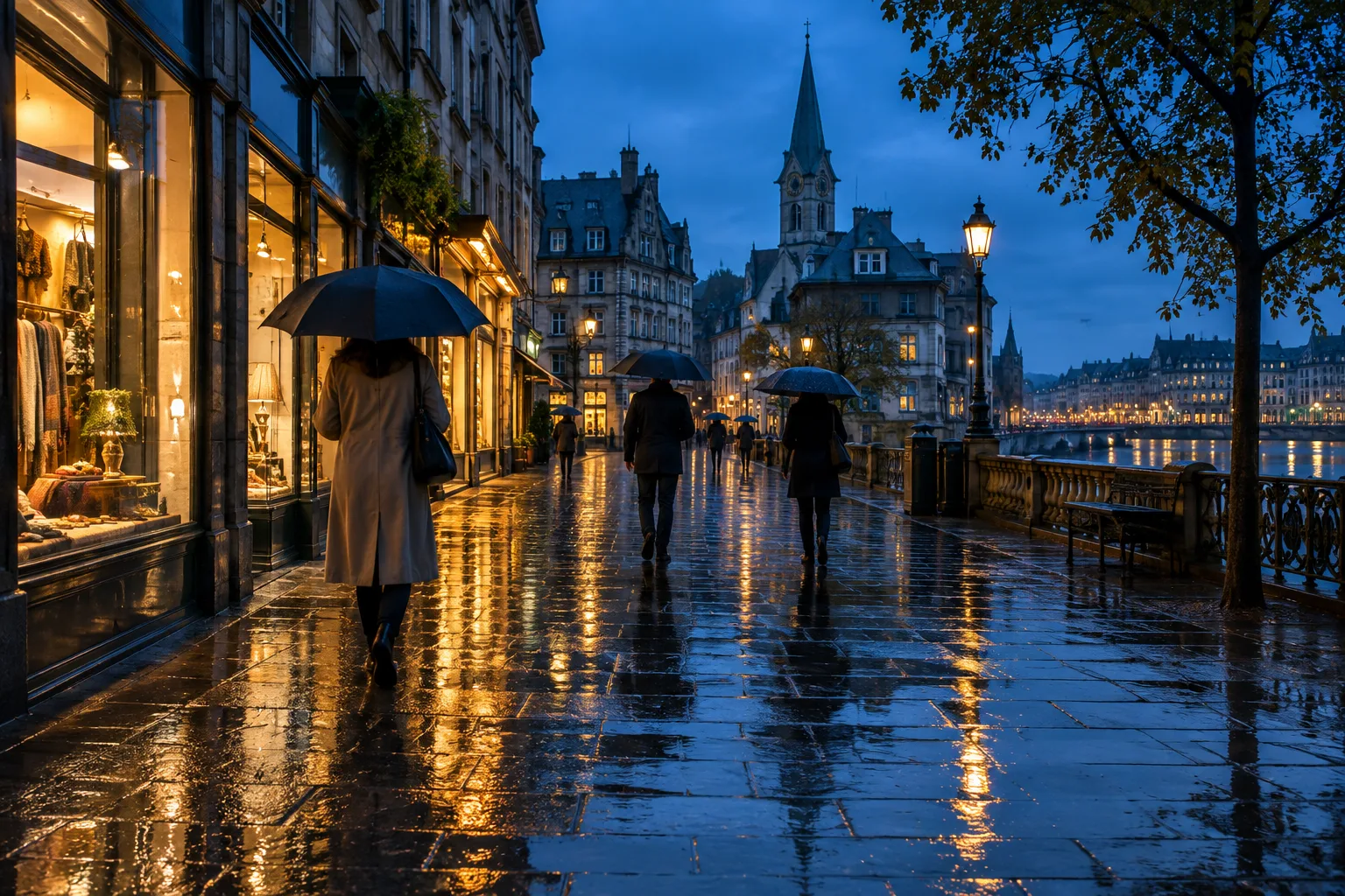 Une rue de ville après la pluie, où les lumières des vitrines se reflètent dans une flaque.