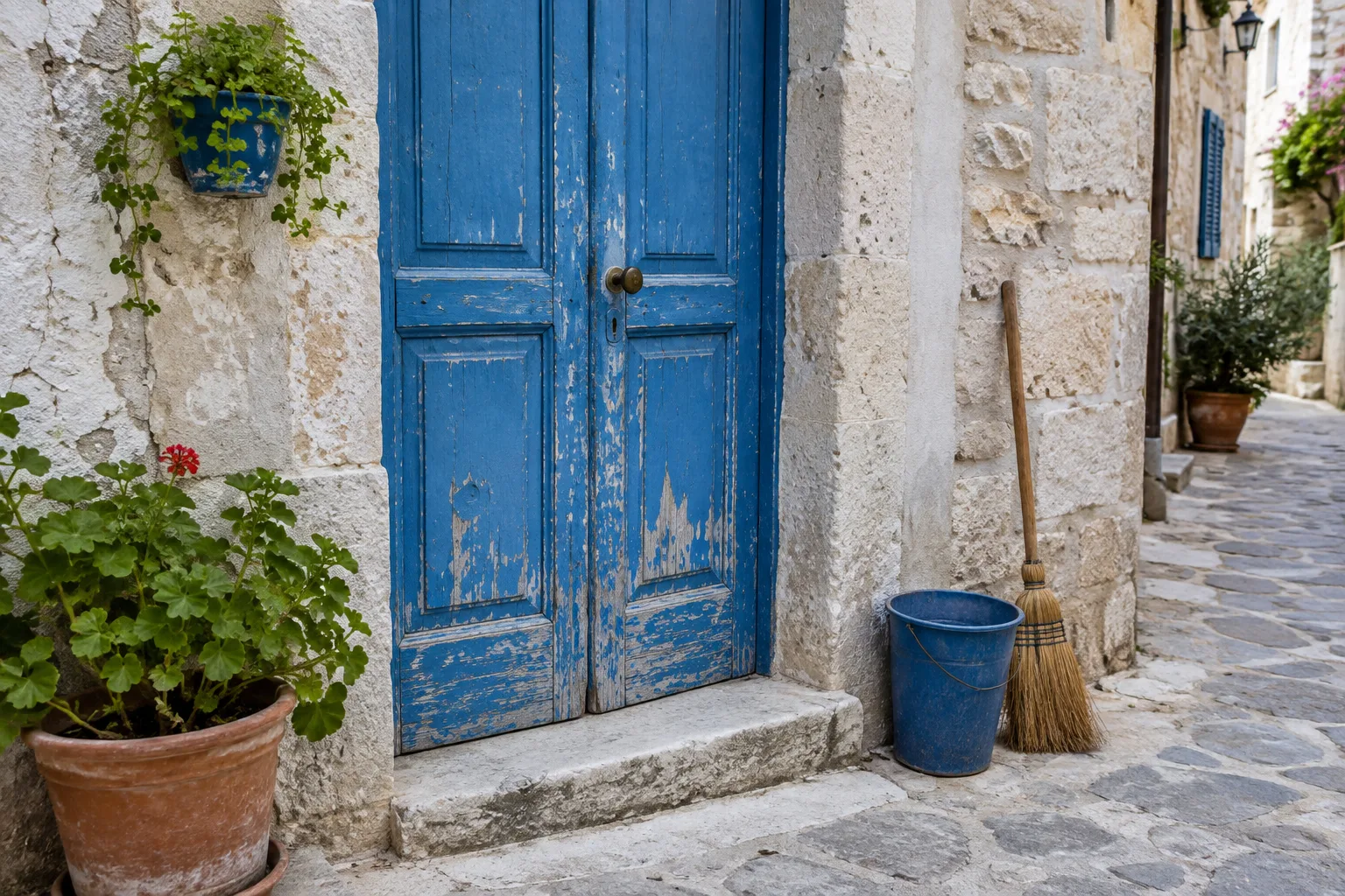 Une porte bleue écaillée dans une ruelle, encadrée de murs clairs et de quelques objets du quotidien.
