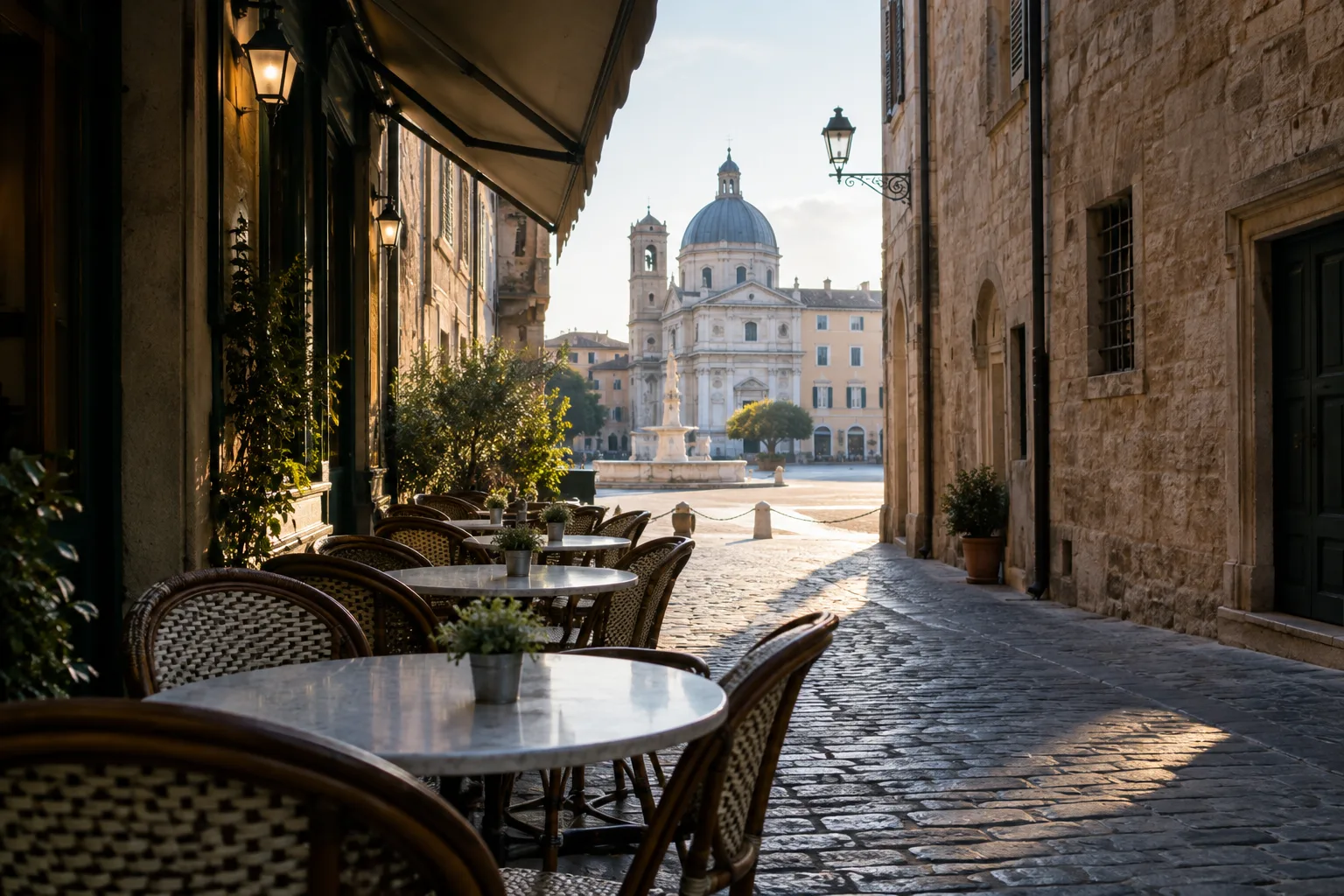 Une rue ancienne s’ouvre sur une place éclairée, bordée de façades et de chaises de café.