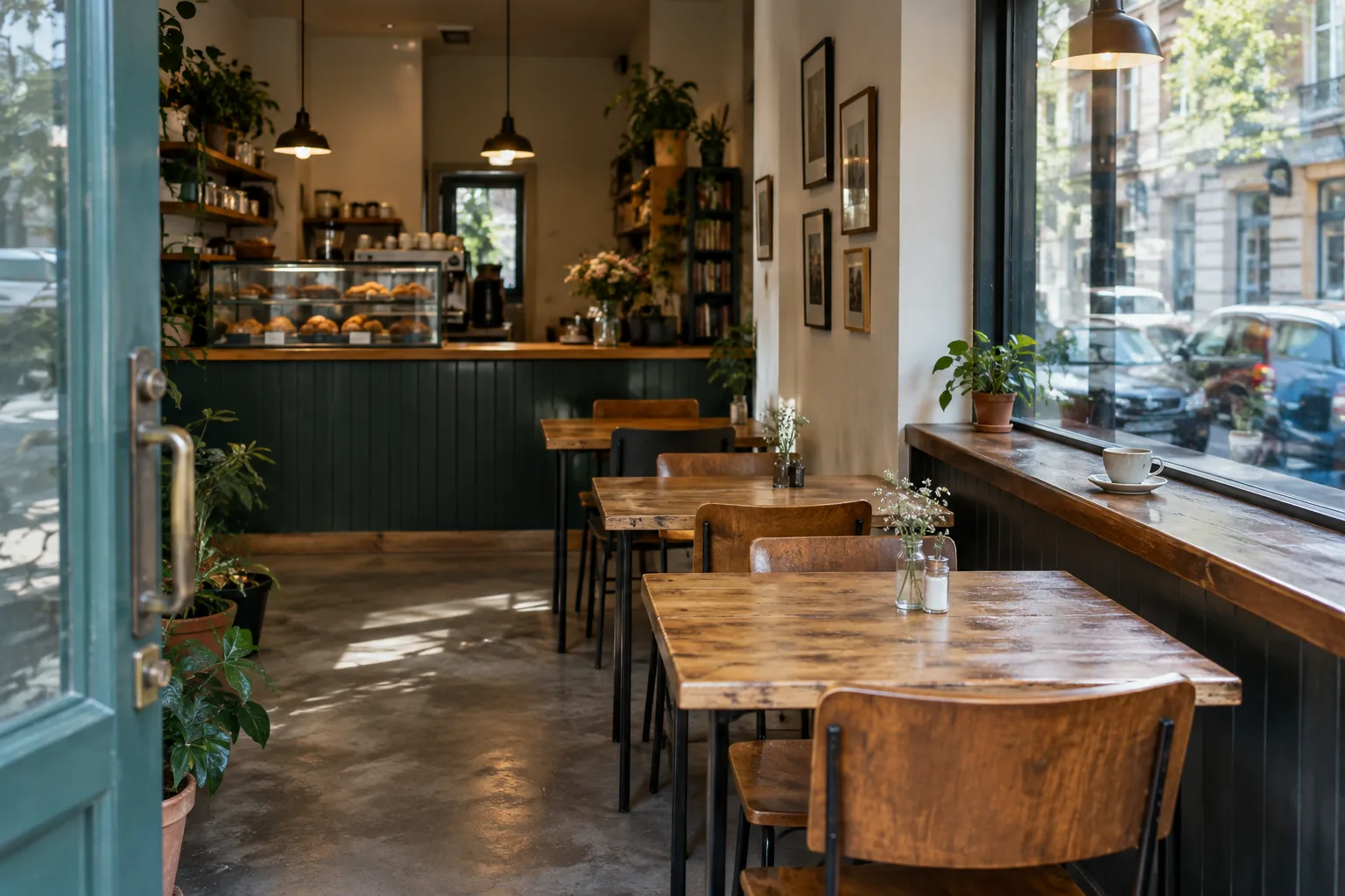 Un café de quartier vu depuis l’entrée, avec des tables en bois et une tasse près de la fenêtre.