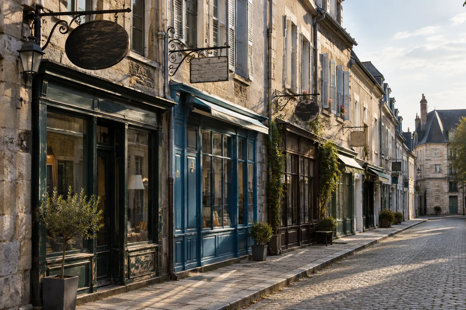 Une ancienne enseigne en saillie se détache sur la façade d’une rue étroite.
