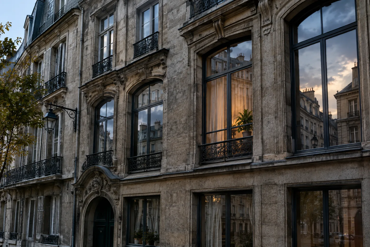 Façade ancienne aux fenêtres variées, où les reflets de la rue se mêlent aux rideaux et aux plantes.