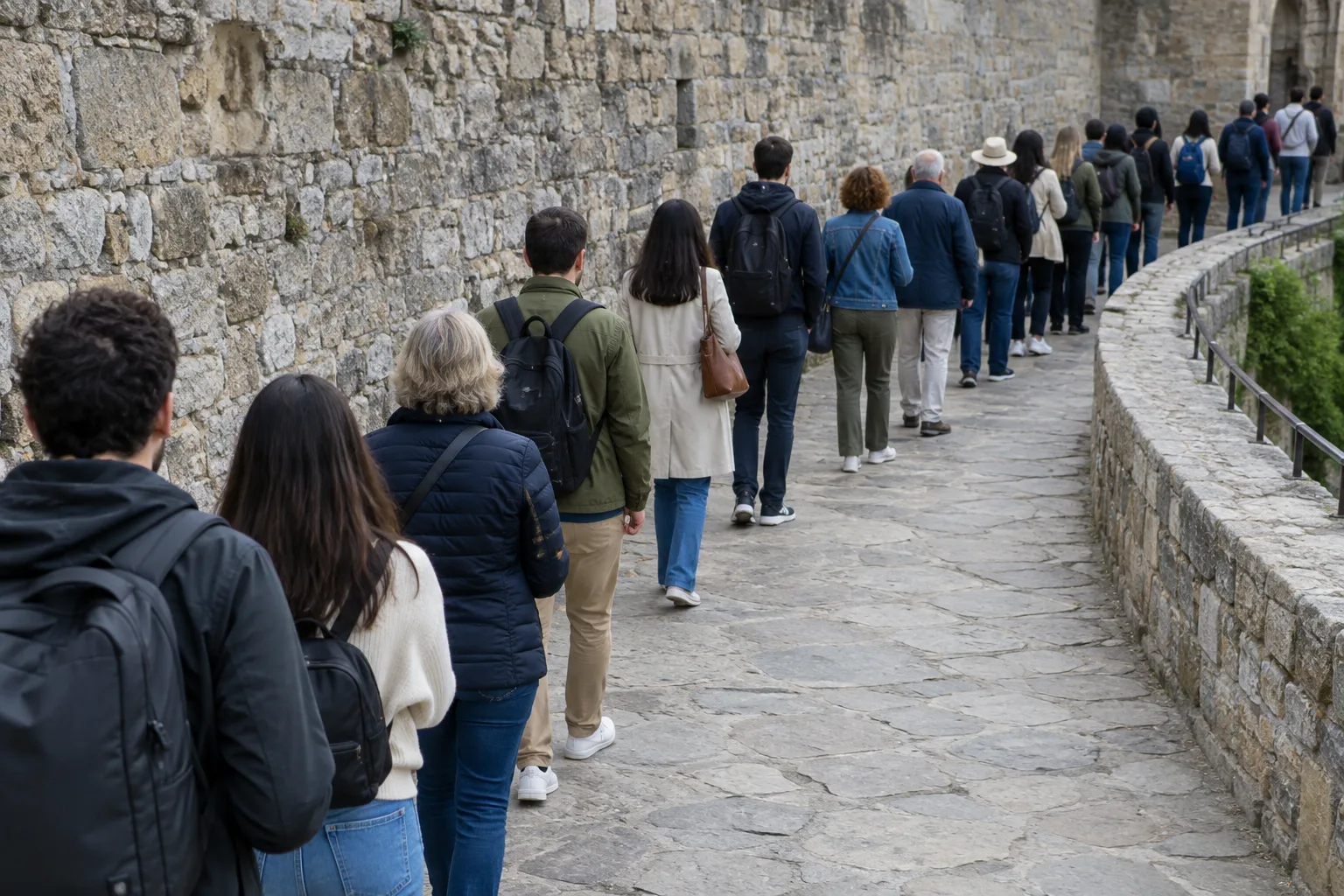 Une file de visiteurs suit la courbe d’un mur de pierre, photographiée de biais.