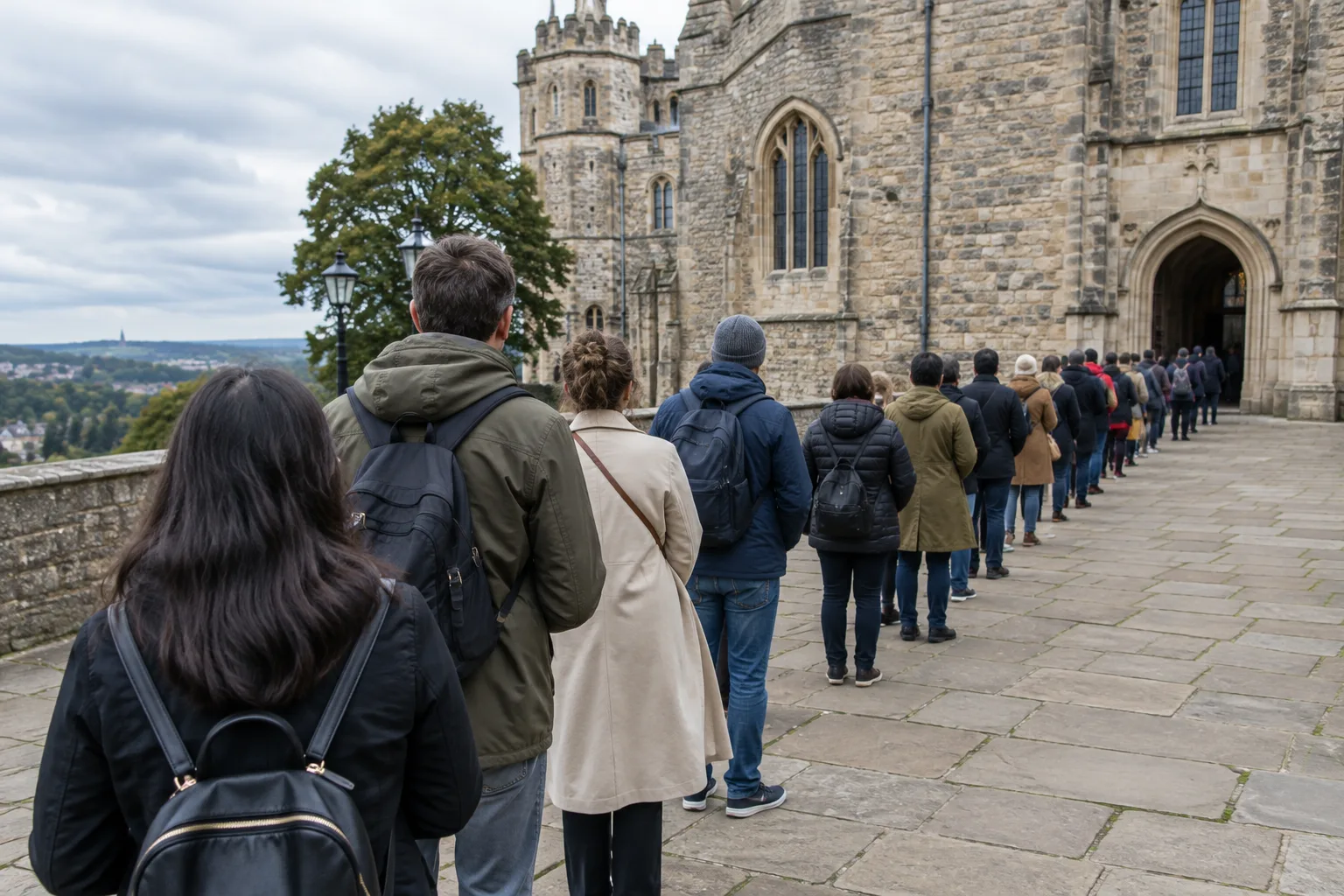 Des visiteurs vus de dos forment une file qui longe un mur de pierre et se dirige vers une entrée.