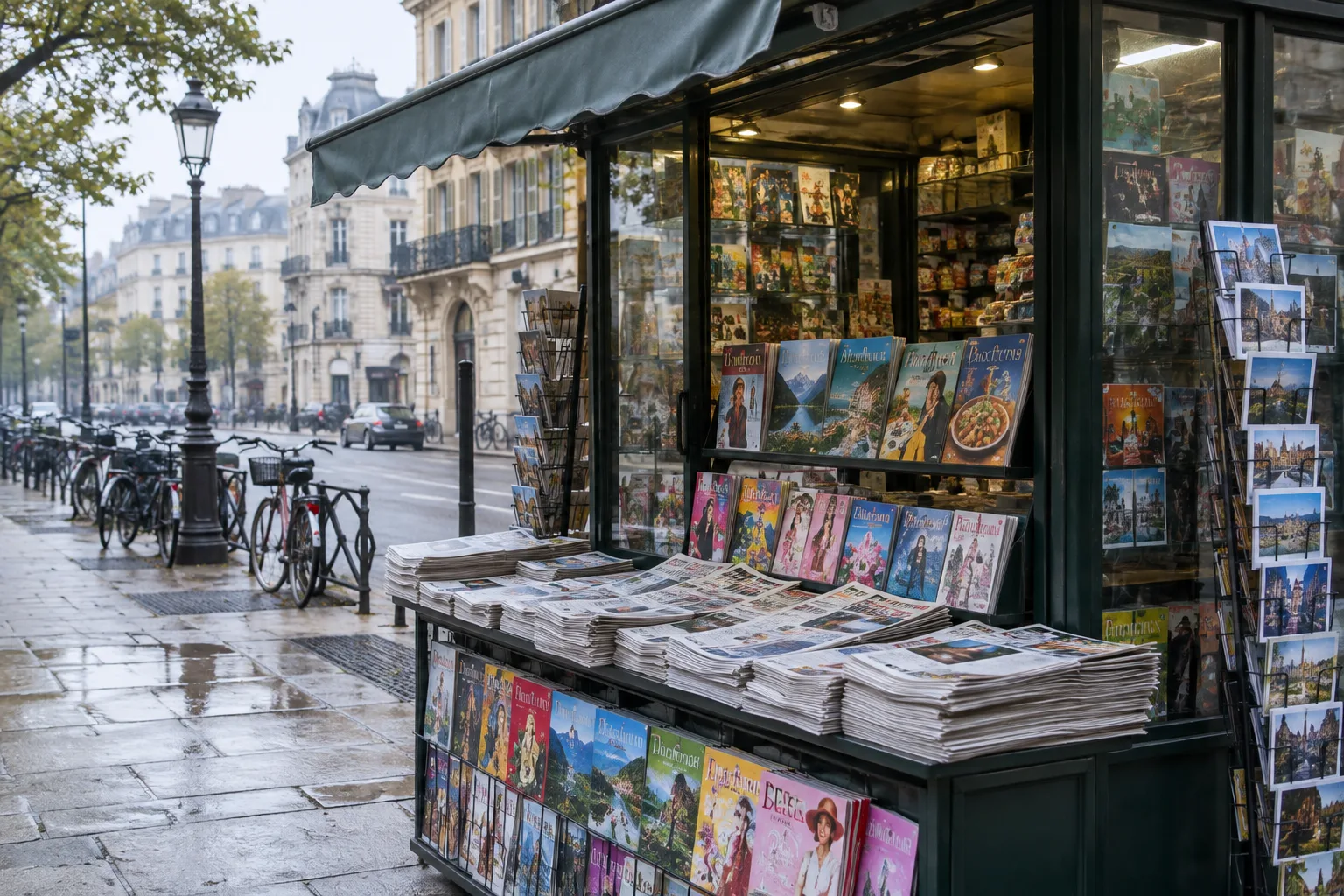 Un kiosque à journaux bordé de couvertures colorées, dans une rue où passent des vélos.