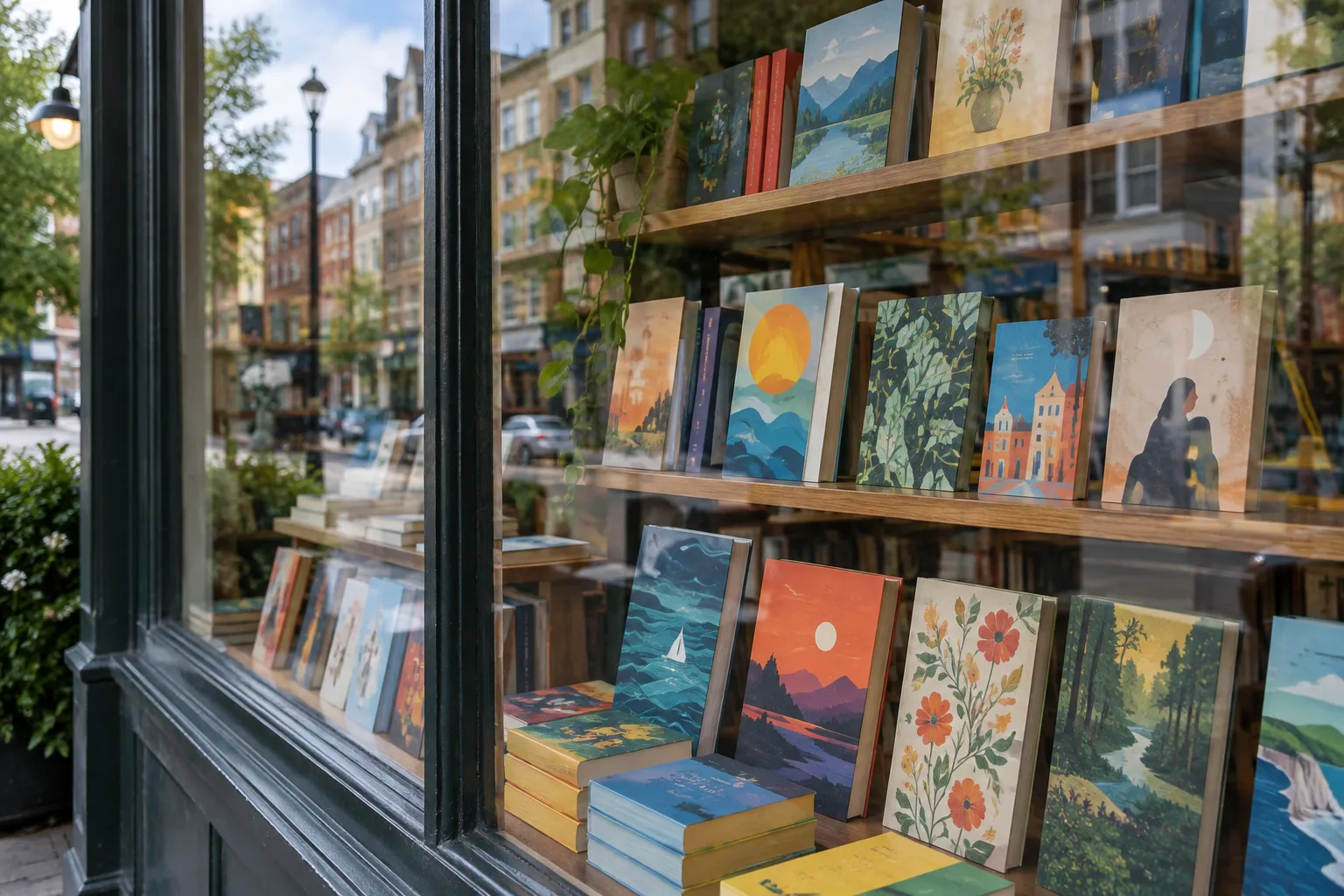 Des livres exposés derrière une vitre se superposent aux reflets d’une rue.