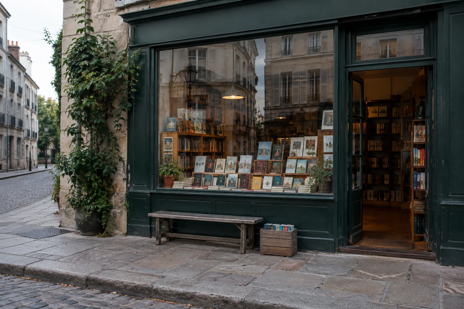 Vitrine d’une librairie où les livres se mêlent aux reflets des bâtiments de la rue.