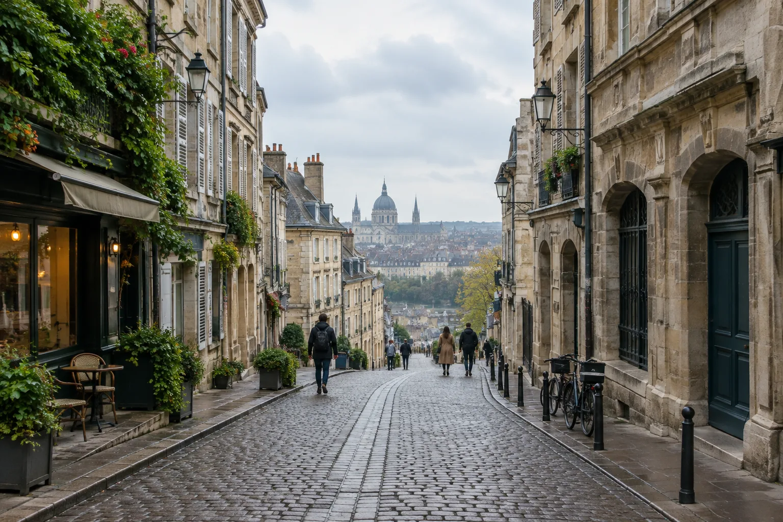 Rue ancienne bordée de façades en pierre, photographiée dans une lumière douce avec quelques passants au loin.