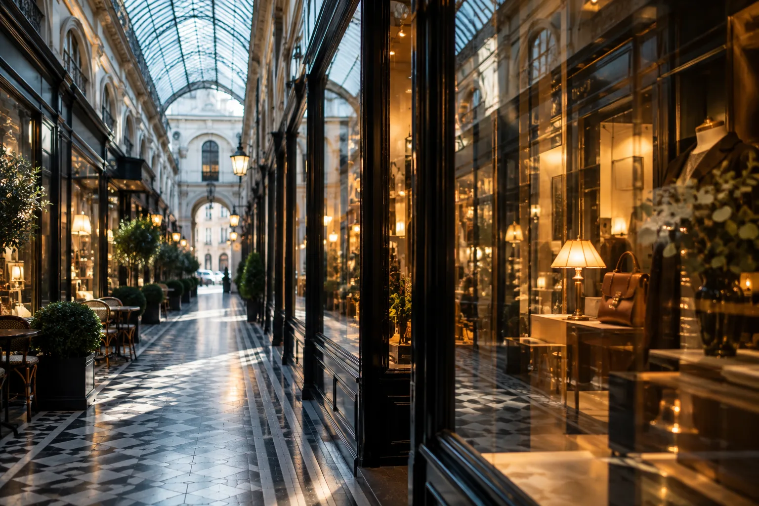 La lumière de la verrière se mêle aux éclairages des vitrines dans une galerie couverte.