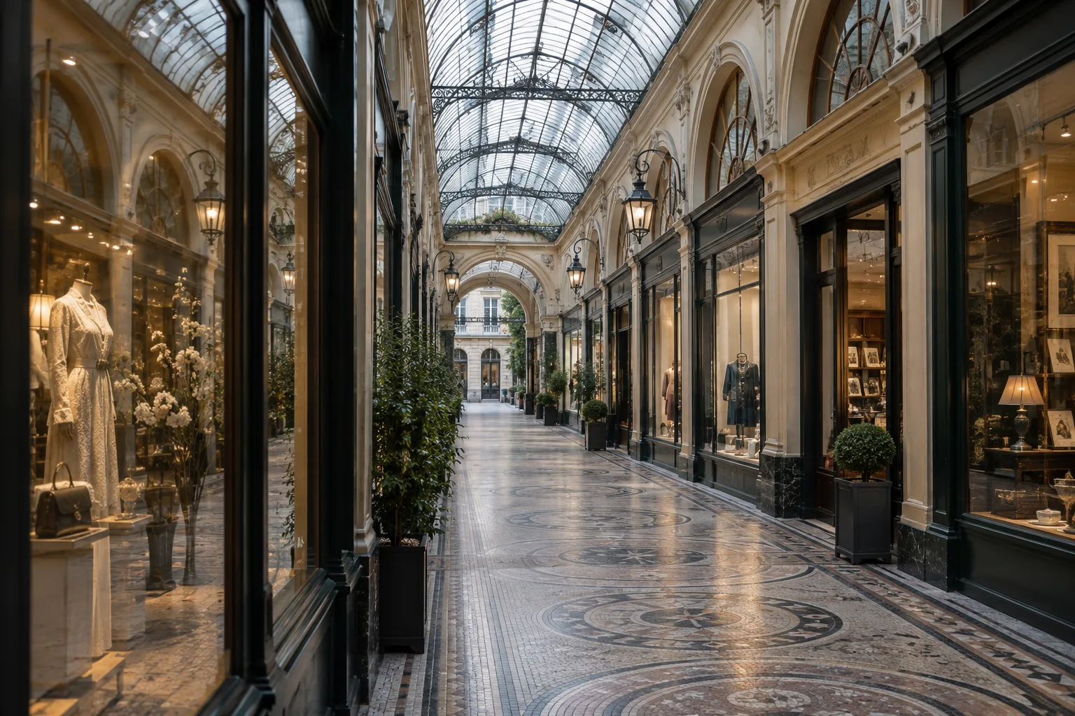 Une galerie parisienne couverte où les verrières et les vitrines mêlent lumière du jour et reflets.