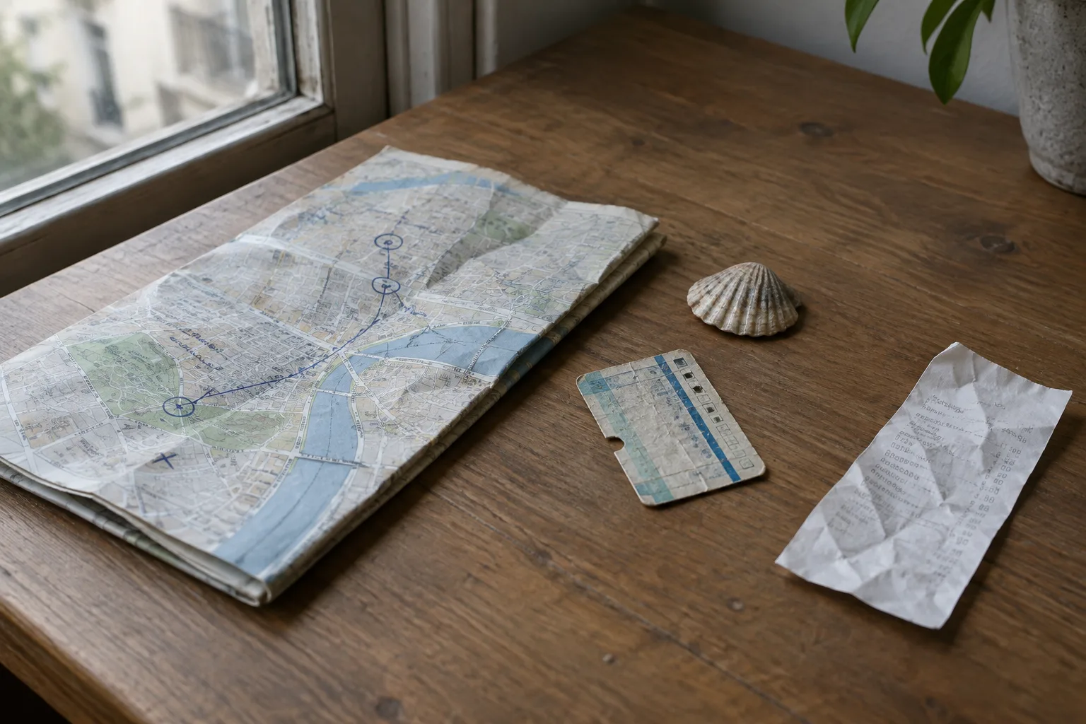 Une carte pliée, un ticket et quelques petits objets de voyage disposés sur une table près d’une fenêtre.