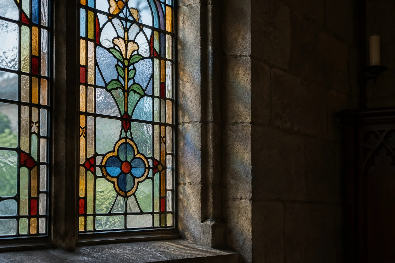 La lumière diffuse d’un vitrail révèle ses couleurs et les détails d’un mur de pierre voisin.
