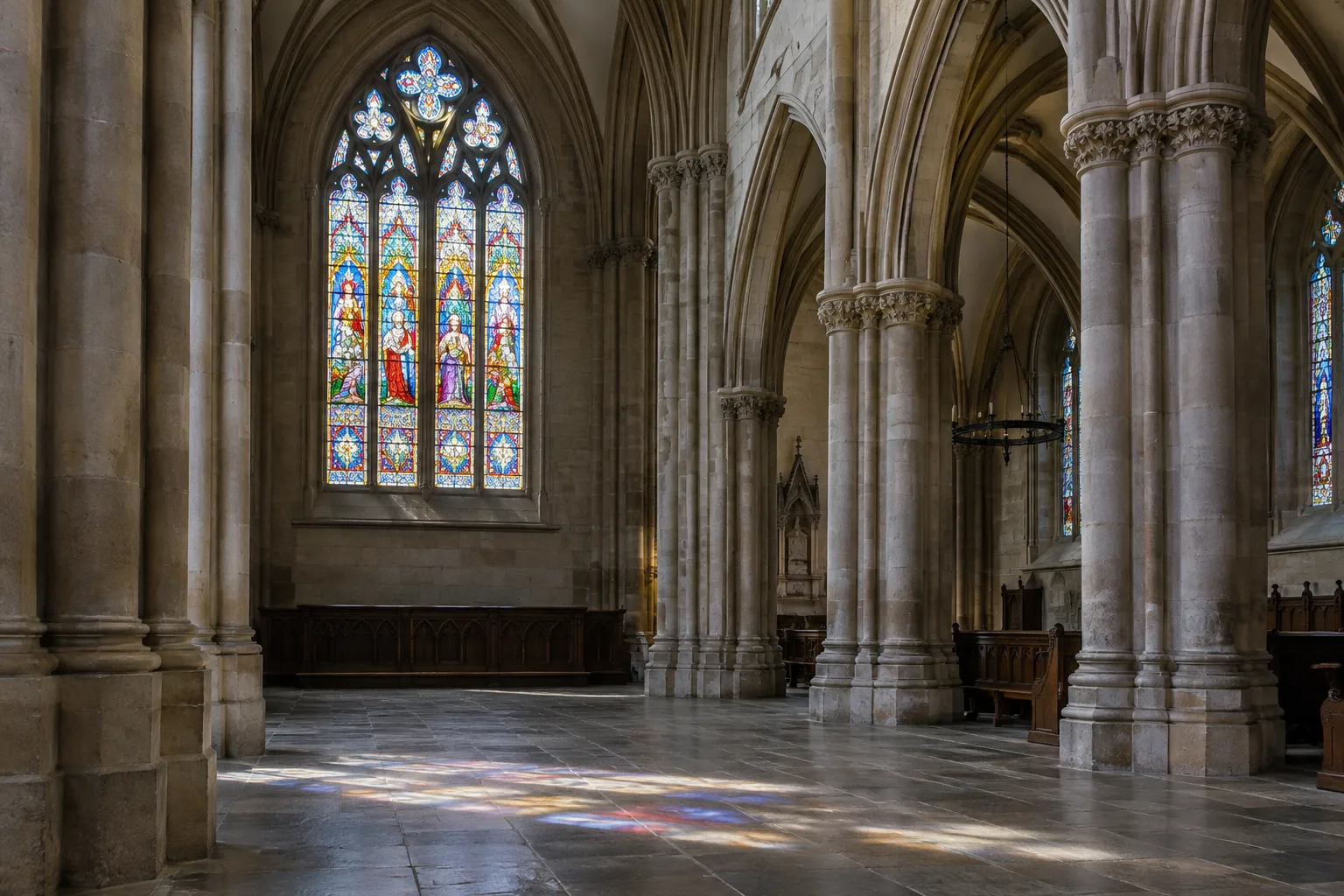 Un vitrail apparaît dans l’ensemble d’une église, entre colonnes de pierre et lumière colorée au sol.