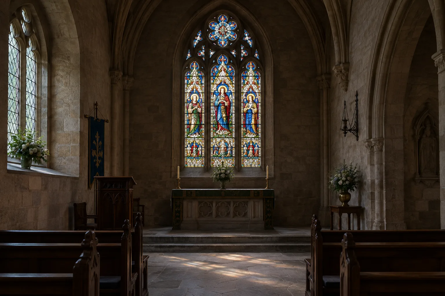 Un vitrail coloré éclaire doucement les murs de pierre d’une chapelle sombre.