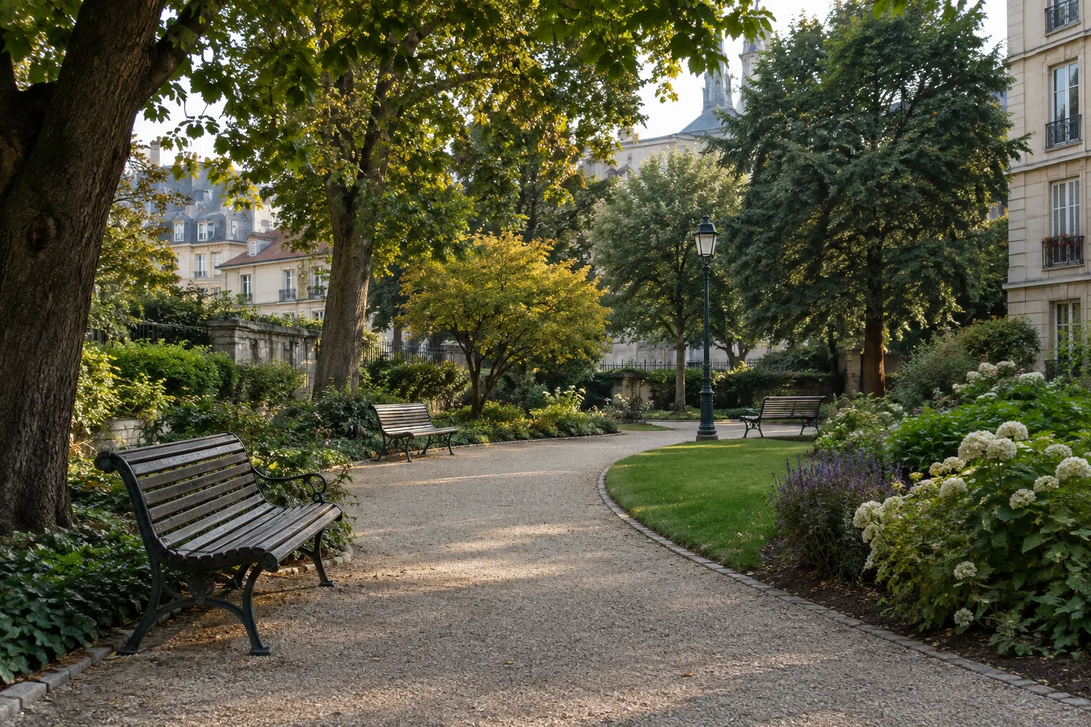 Une allée de jardin public bordée d’arbres et de bancs, avec des immeubles visibles au loin.