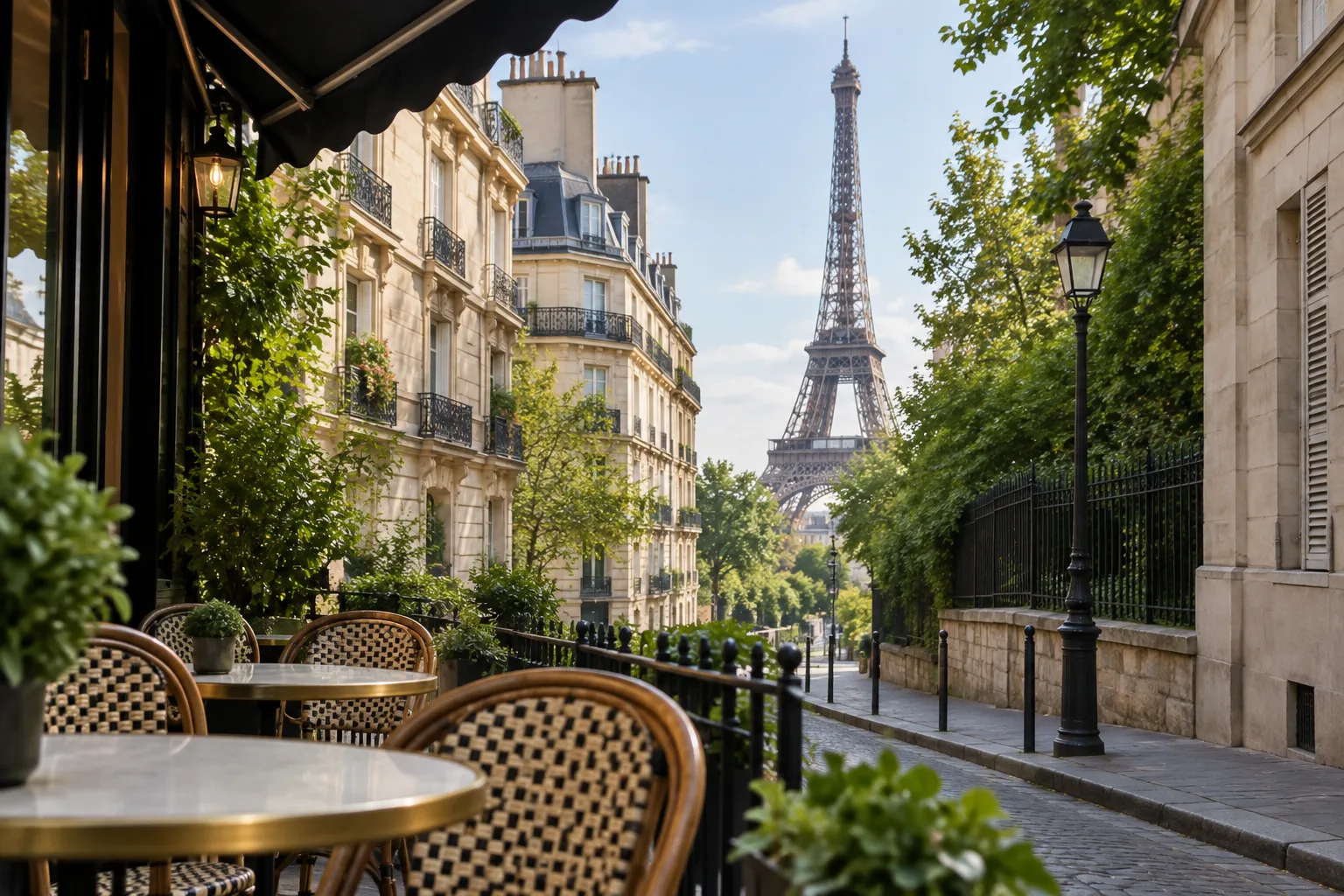 Des chaises de terrasse au premier plan encadrent partiellement un monument aperçu au loin.