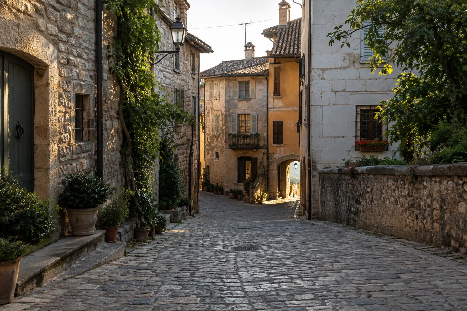Une ruelle ancienne où la lumière souligne les textures des murs et du pavé.