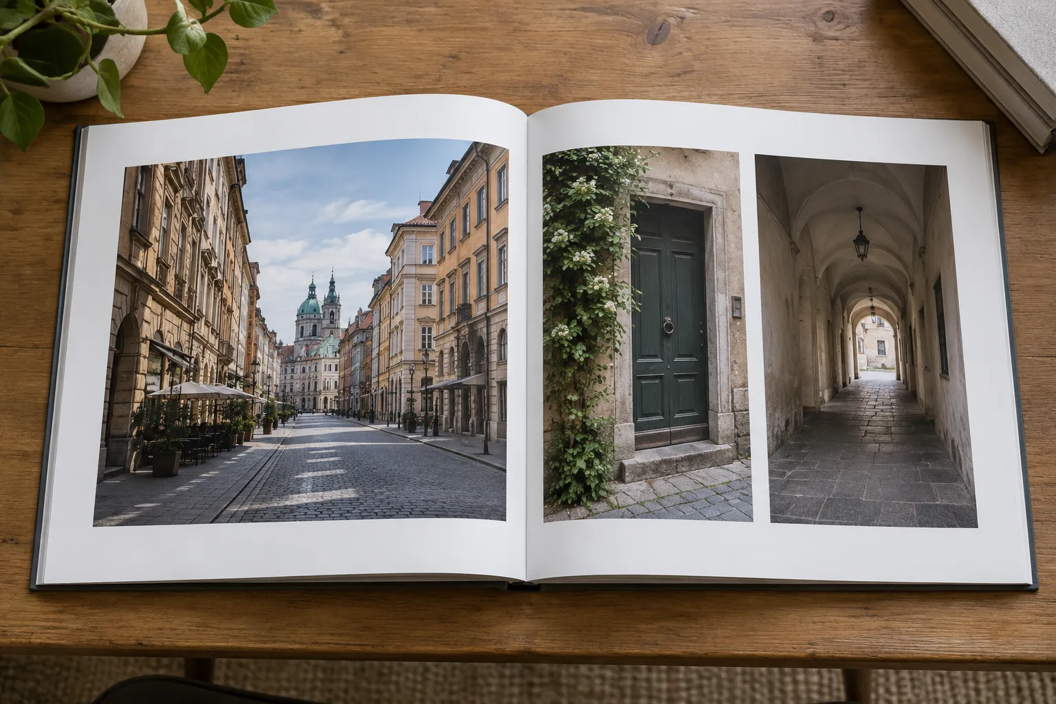 Un livre photo ouvert présente trois images de voyage alternant rue, détail et passage calme.