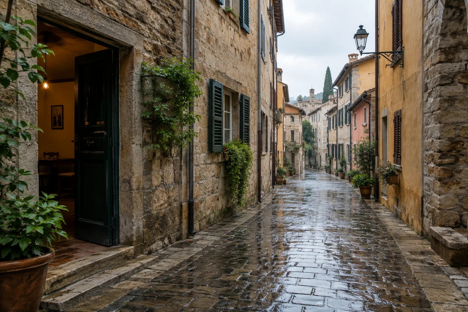 Une rue étroite après la pluie, où les façades et les reflets conduisent le regard vers le fond.
