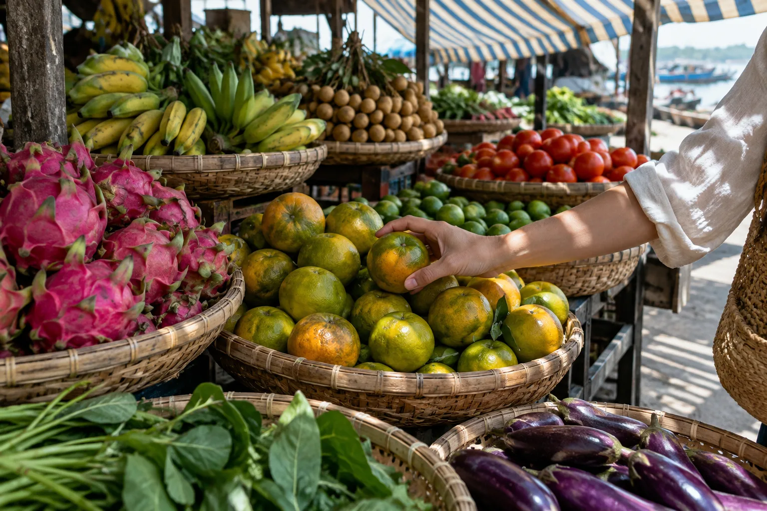 Une main choisit un fruit parmi des paniers et des produits disposés sur un étal.