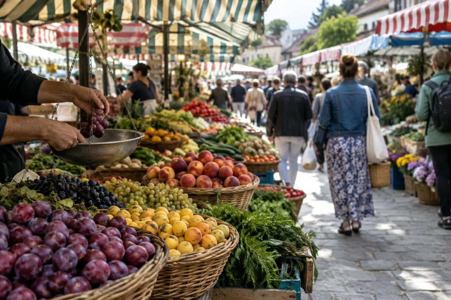 Des paniers de fruits sous des auvents colorés, tandis qu’une main pèse des produits au premier plan.