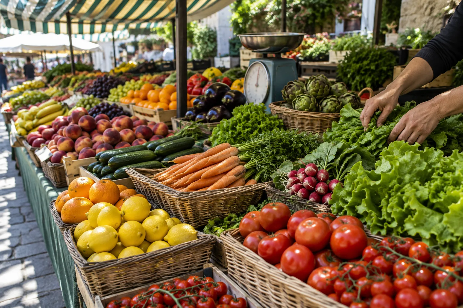 Des rangées de fruits et de légumes structurent un étal ombragé, avec les mains d’une personne qui arrange les produits.