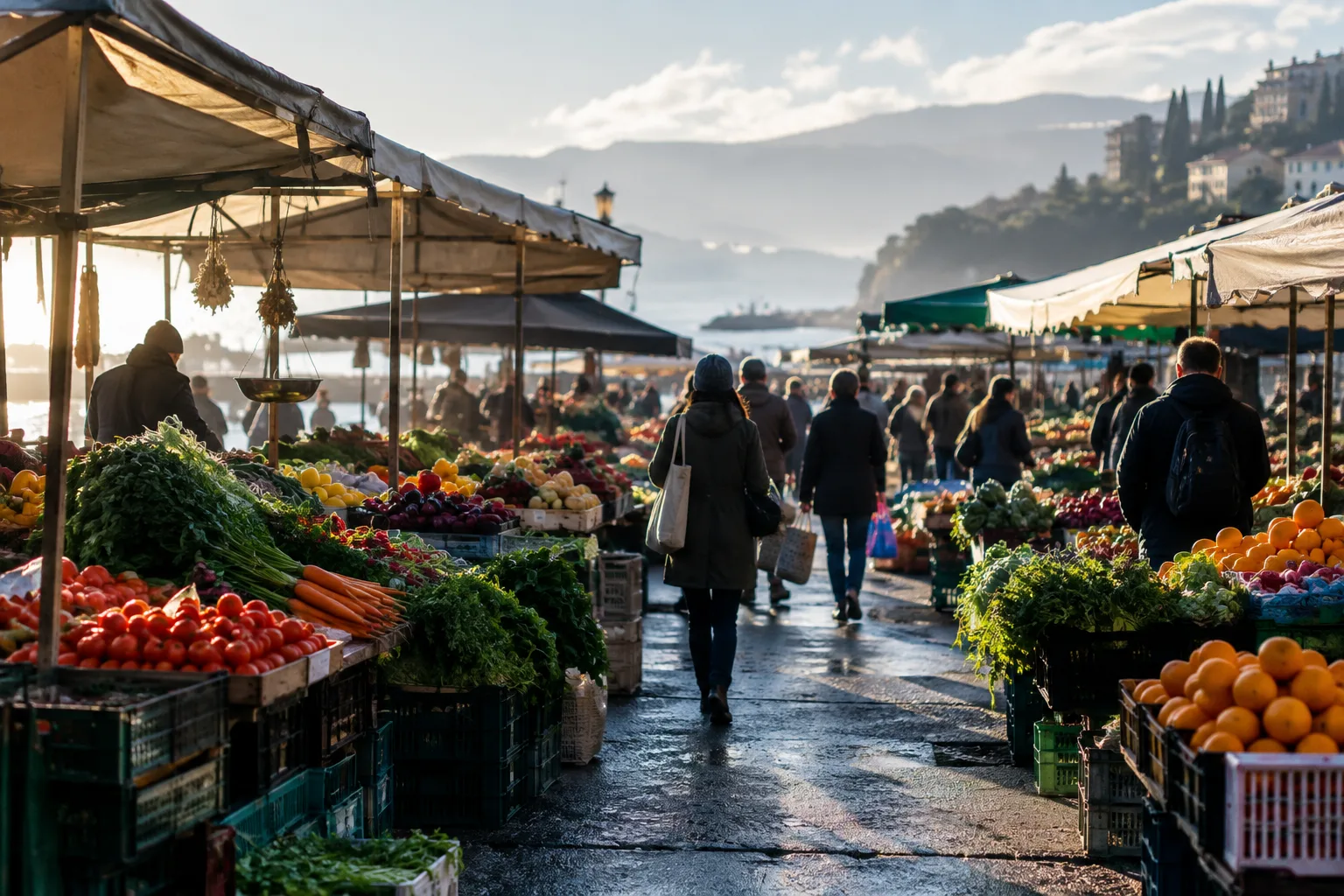 Des étals de fruits et légumes s’alignent sous une bâche, tandis que des mains choisissent des produits.