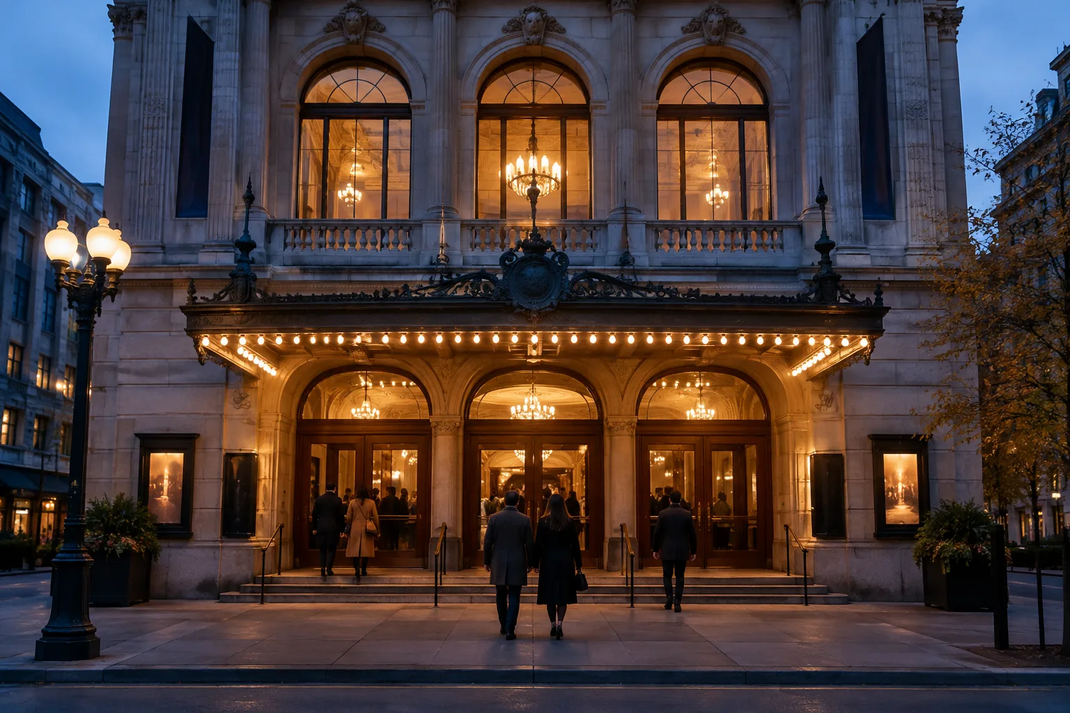 Un théâtre en ville au crépuscule, avec ses fenêtres éclairées et des visiteurs qui se dirigent vers l’entrée.
