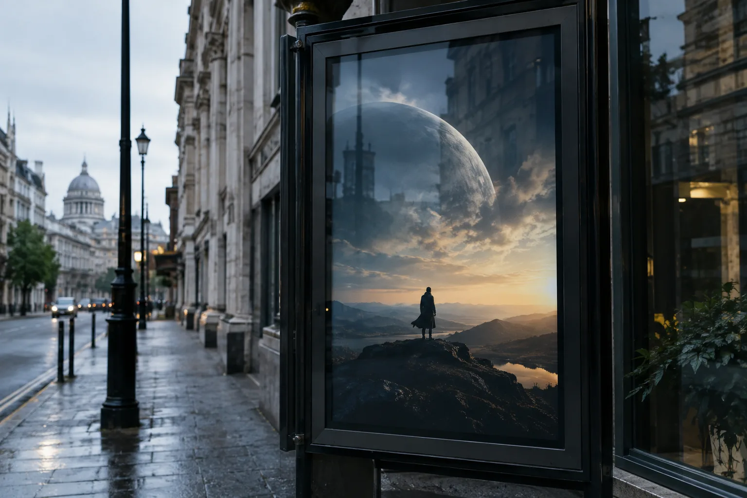 Une affiche de cinéma derrière une vitre, traversée par le reflet d’une rue.