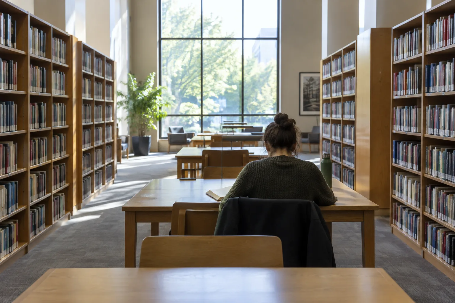 Une salle de bibliothèque éclairée par une fenêtre, avec des tables, des rayonnages et un lecteur vu de dos.