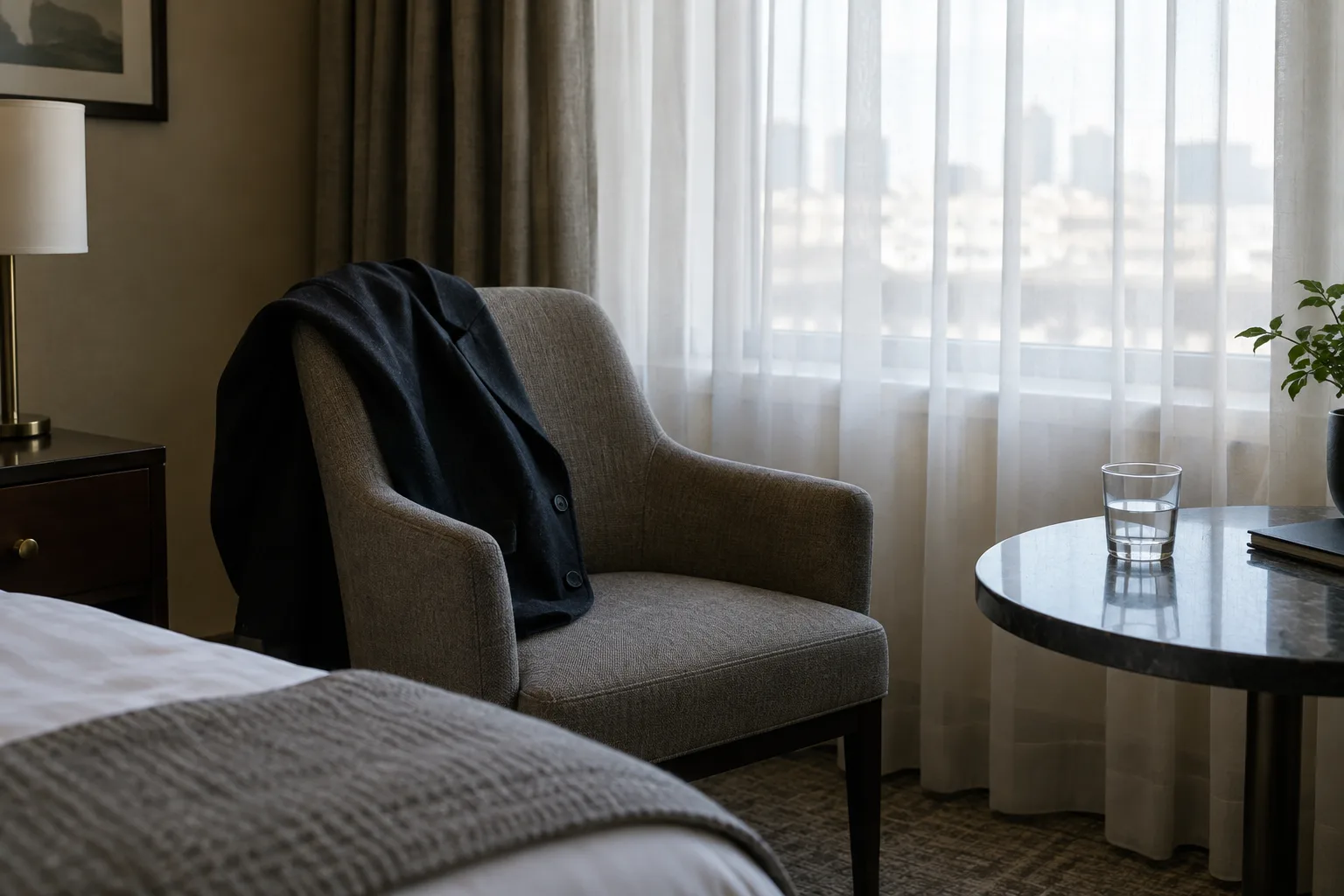 Un rideau filtre la lumière dans une chambre d’hôtel où un manteau repose sur une chaise et un verre se trouve à proximité.