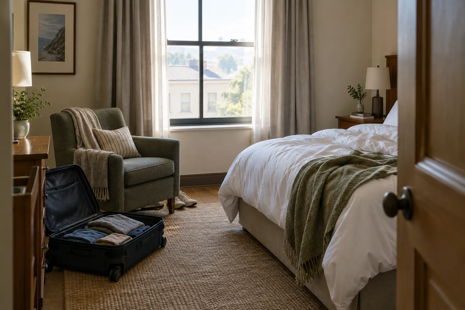 Une chambre d’hôtel éclairée par la fenêtre, avec un fauteuil, un rideau et quelques objets posés dans la pièce.