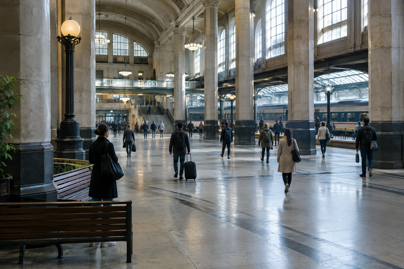 Dans un hall de gare, des voyageurs suivent des trajectoires différentes entre les colonnes et les bancs.
