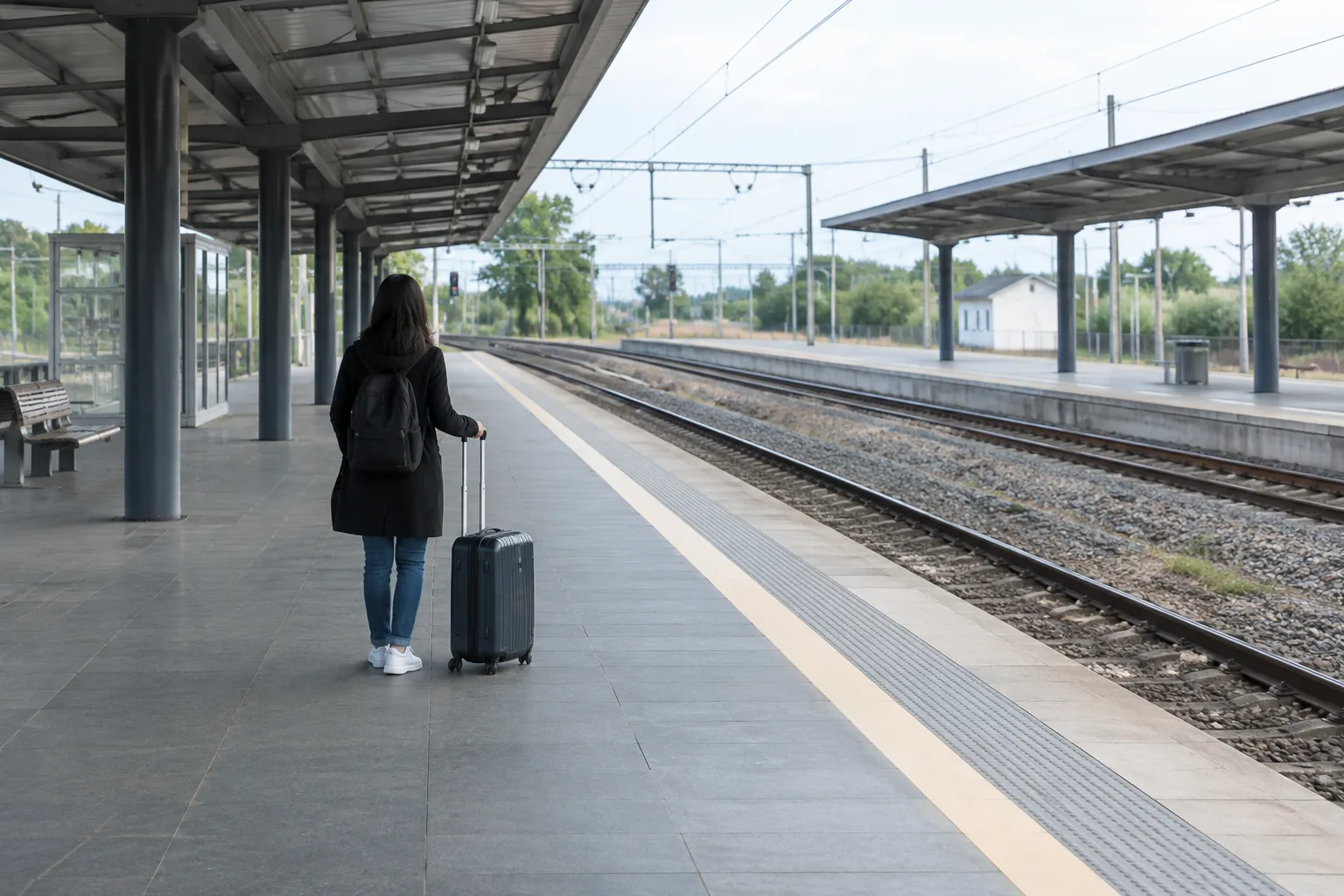 Une personne vue de dos attend avec sa valise sur un quai, à distance des autres voyageurs.