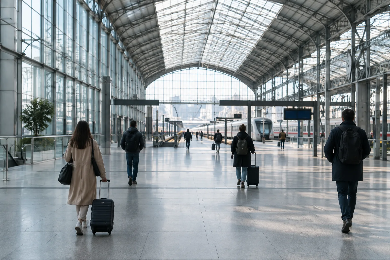 Des voyageurs traversent le vaste hall d’une gare éclairé par une verrière.