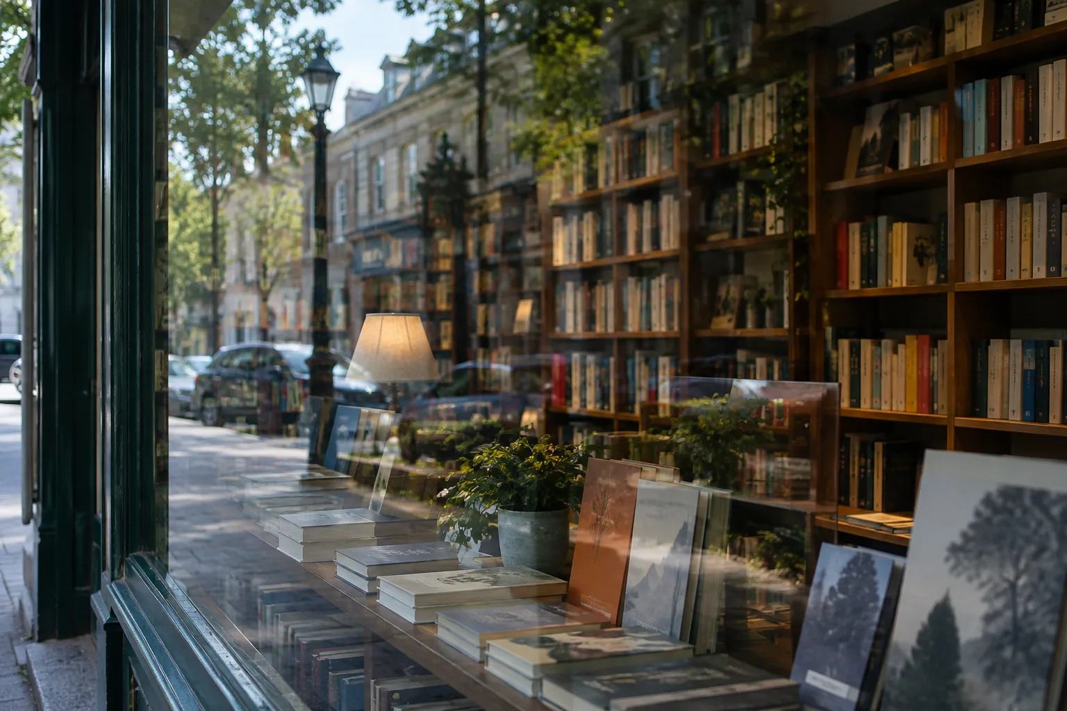 Des reflets de rue se superposent aux livres visibles derrière la vitrine d’une librairie.