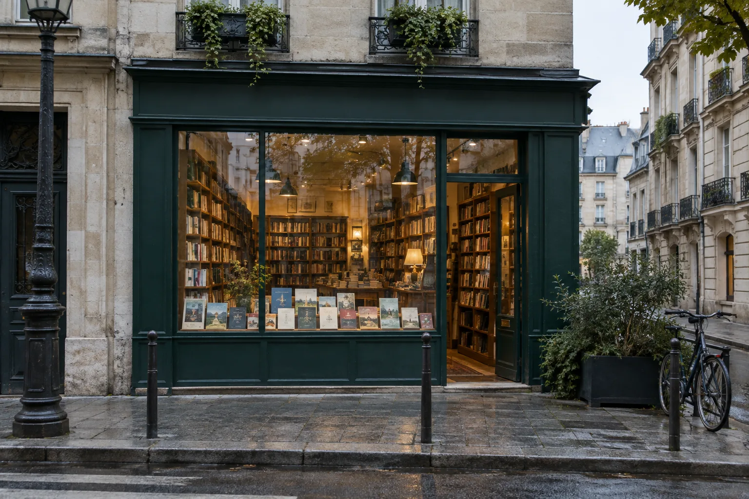 Une vitrine de librairie mêle les reflets de la rue aux livres éclairés à l’intérieur.