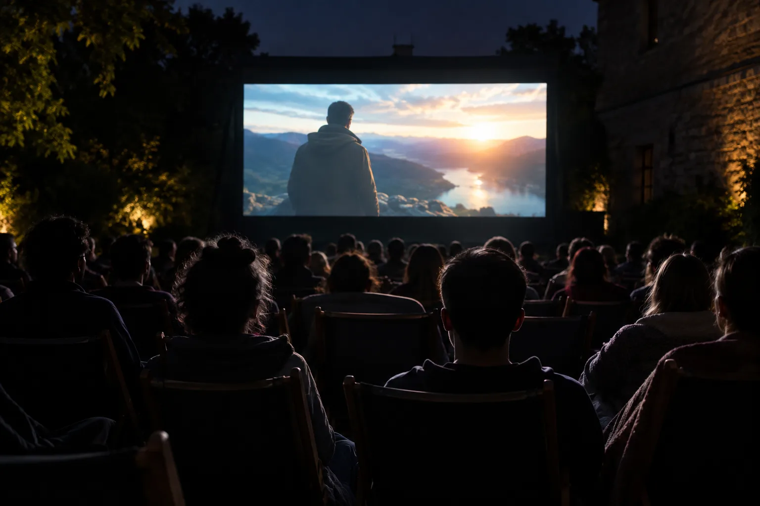 La lumière d’un écran de cinéma en plein air éclaire les épaules et les silhouettes du public.