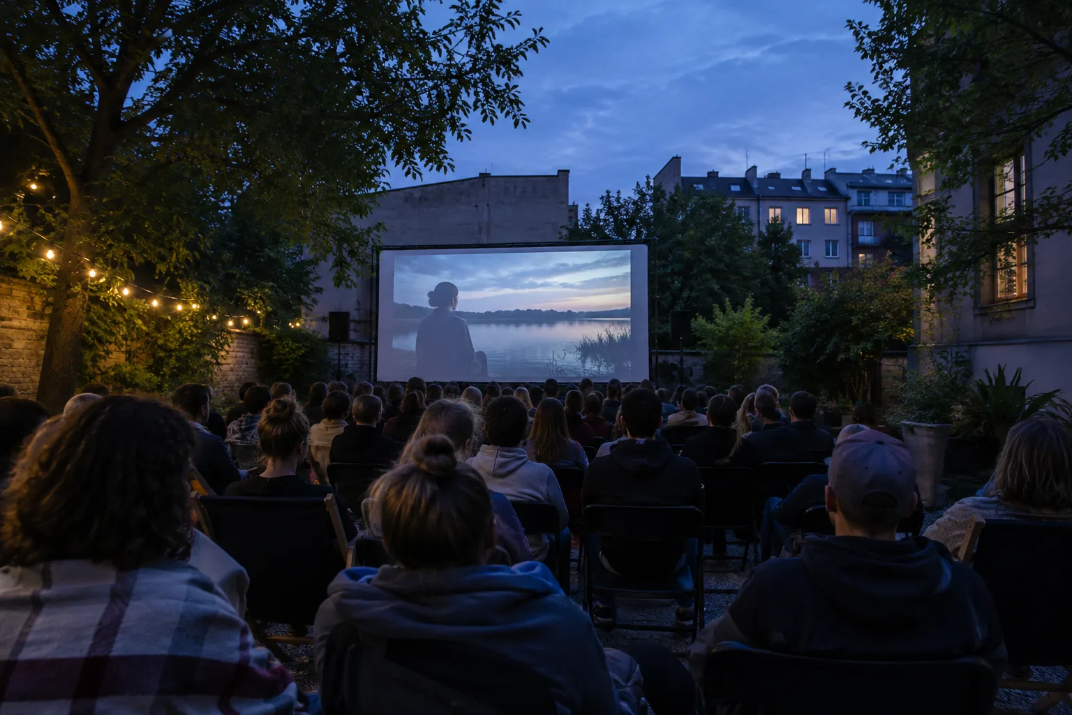 Des spectateurs vus de dos regardent un écran lumineux dans la pénombre d’une projection en plein air.